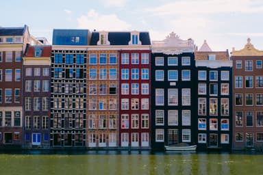 Grachtenpanden in Amsterdam weerspiegeld in het water