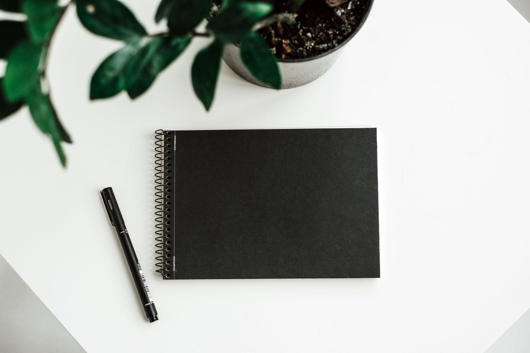 Zwart notitieboek met pen en een plant op een witte tafel