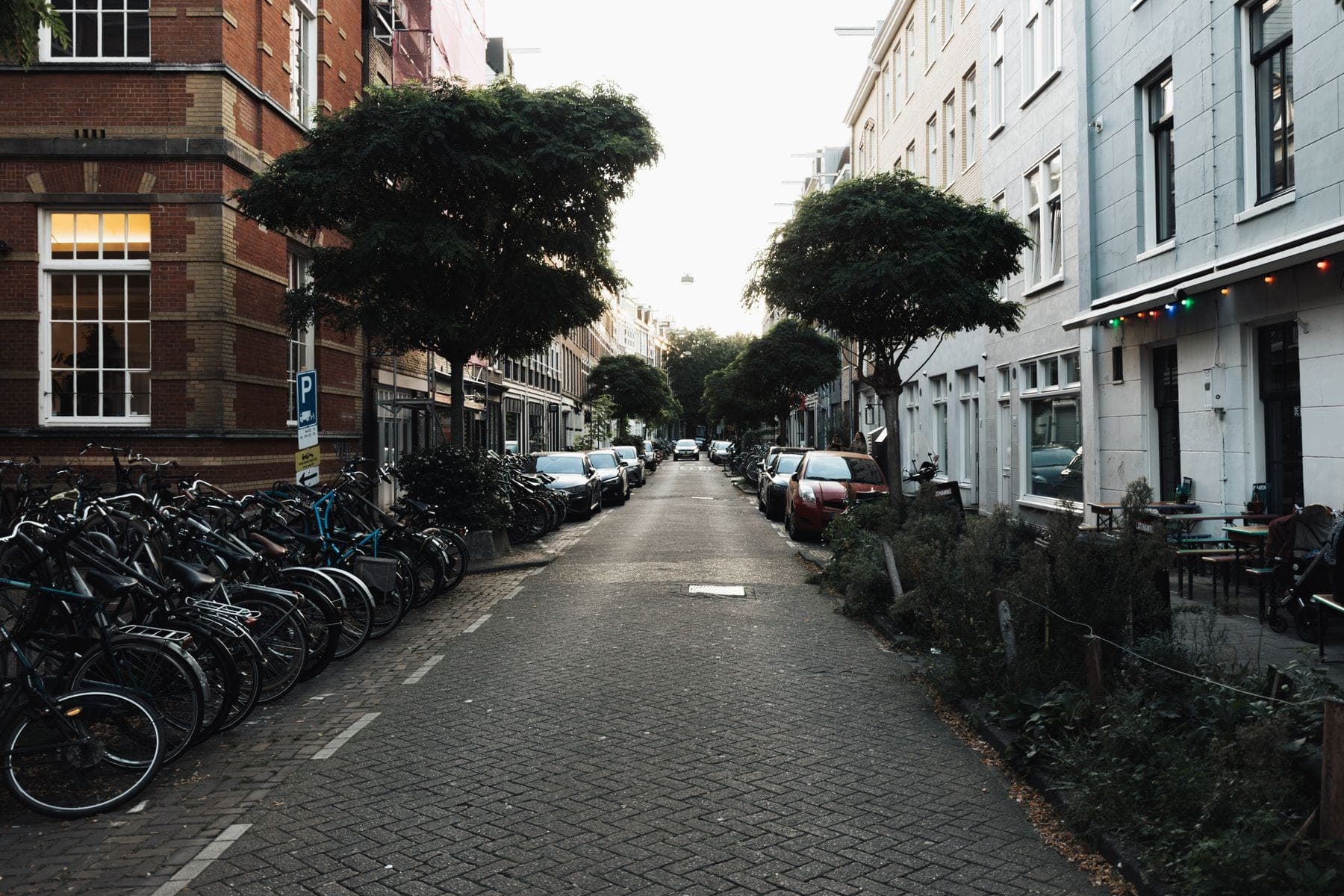 Straat met klinkers, geparkeerde fietsen en auto's tussen bakstenen woonhuizen en bomen