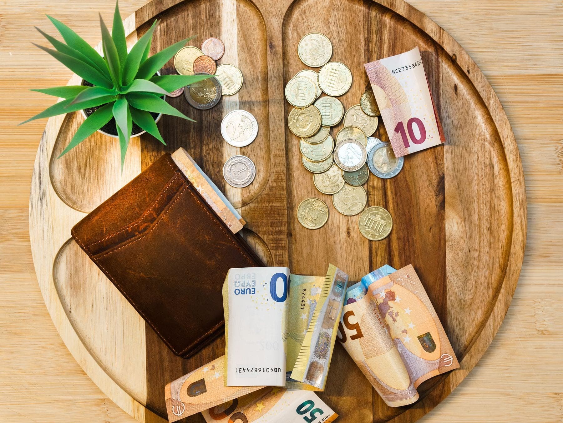 Eurobiljetten, munten en een leren portemonnee op een houten dienblad, met een plantje ernaast